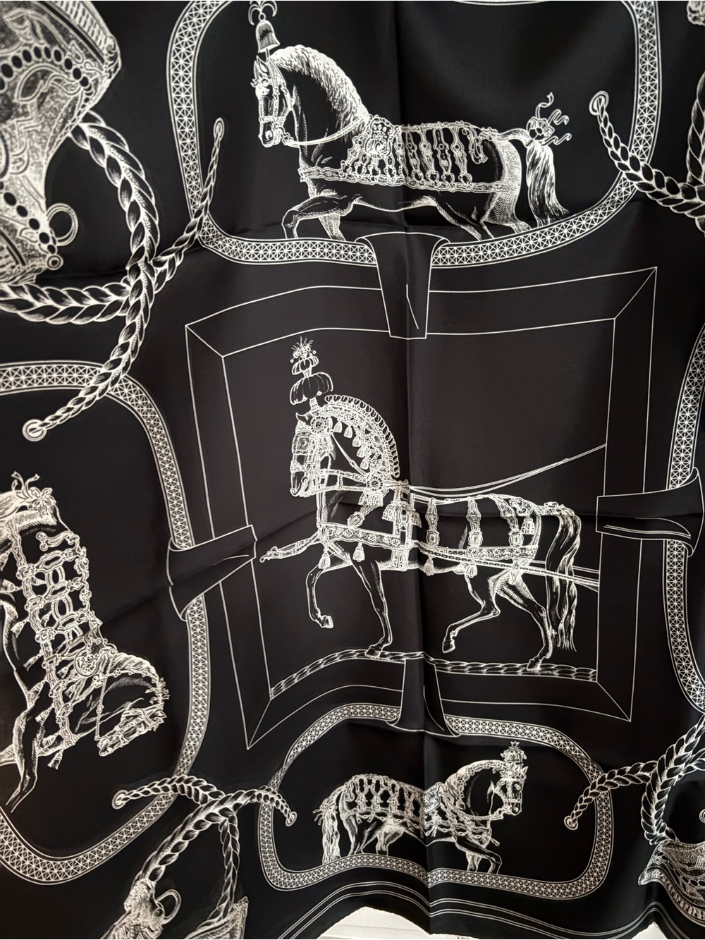 Black & White Equestrian Print Silk-Feel Scarf